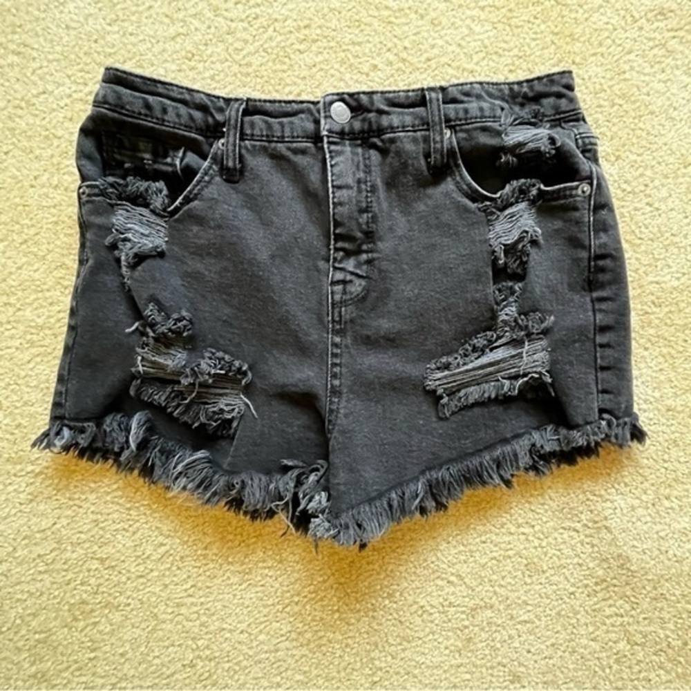 Mossimo High Rise Denim Shorts Size‎ 12/31 Black Distressed Frayed 5 Pockets
